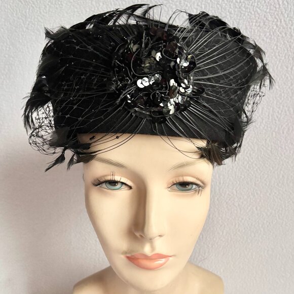 Black Wool Felt Hat iwth Big Feathers, Sequins, Netting - Picture 1 of 10